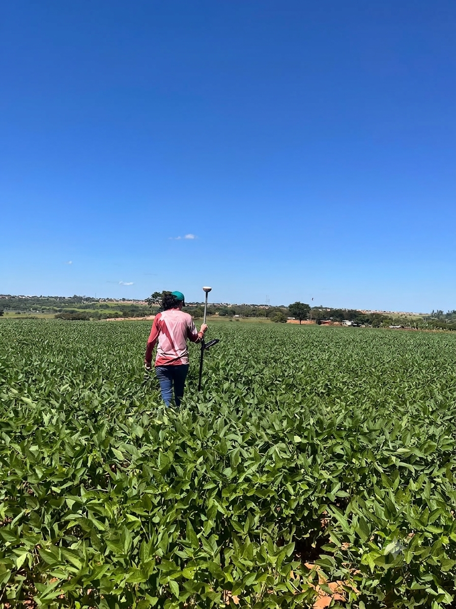 Profissional da Nômade Topografia realizando levantamento com receptor GNSS em uma lavoura
